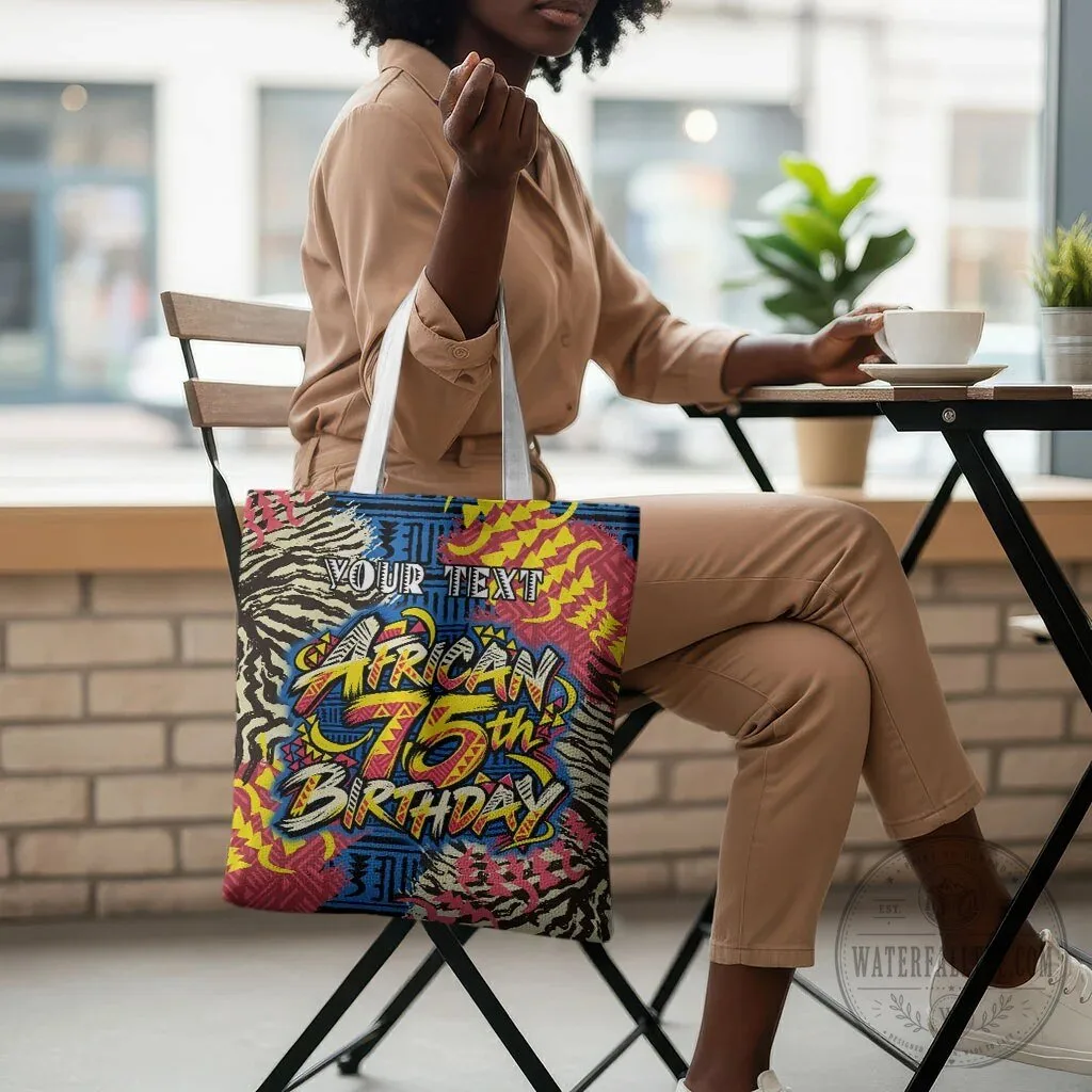 Personalized African 75th Birthday Tote Bag with Tribal Stripes and Heritage Art 11 Personalized African 75th Birthday Tote Bag with Tribal Stripes and Heritage Art