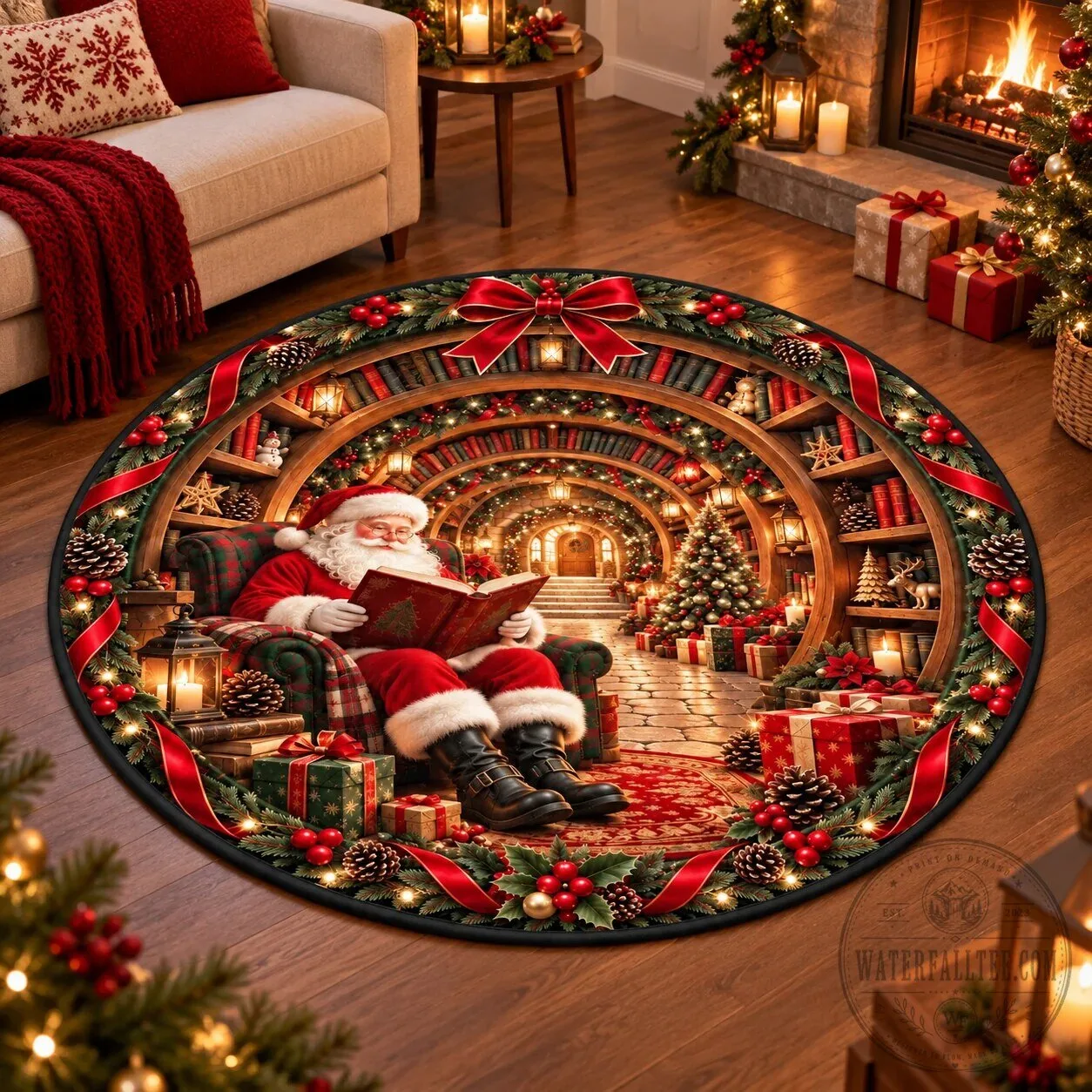 Christmas Santa Claus Reading Book in Library Round Area Rug