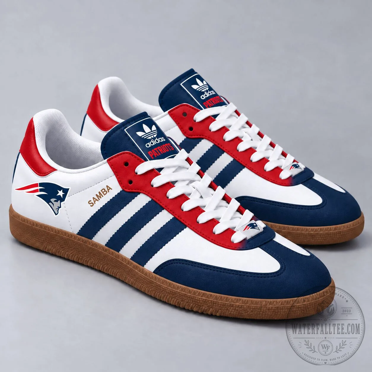 New England Patriots NFL Team Logo White and Blue Samba Athletic Shoes 2 New England Patriots NFL Team Logo White and Blue Samba Athletic Shoes