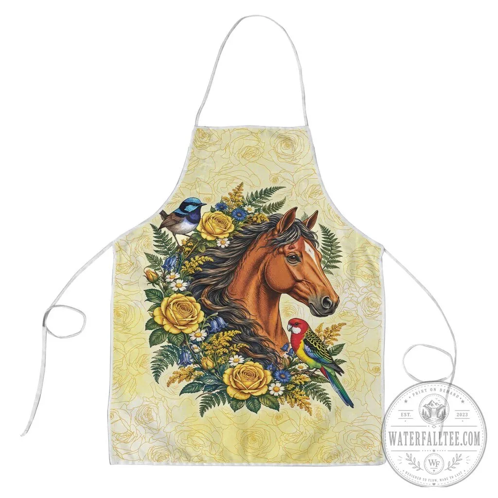 Horse and Yellow Rose Wreath with Australian Blue Wren and Rosella Parrot Apron