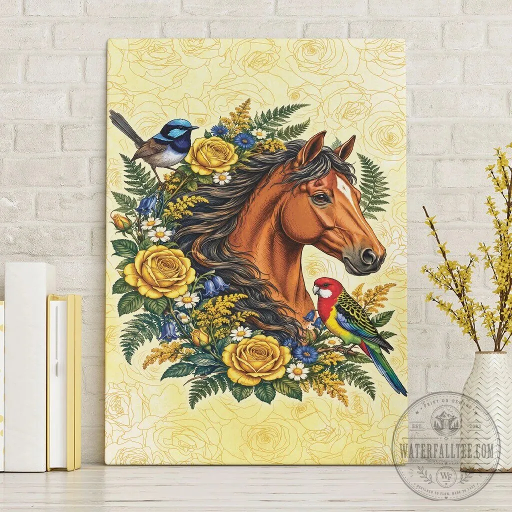 Horse and Birds Floral Wreath Yellow Rose Wall Art Canvas Print