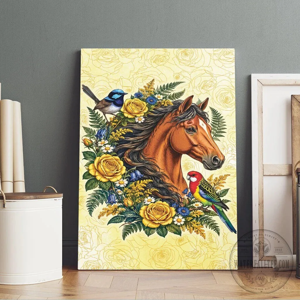Horse and Birds Floral Wreath Yellow Rose Wall Art Canvas Print 11 Horse and Birds Floral Wreath Yellow Rose Wall Art Canvas Print