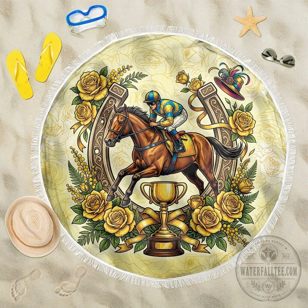 Melbourne Horse Racing Yellow Rose Floral Horseshoe Beach Blanket