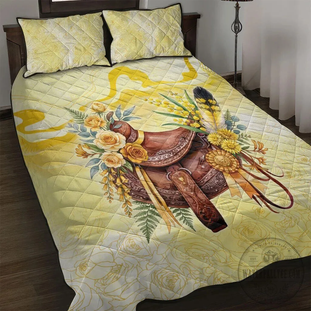 Yellow Rose and Wattle Flowers Horse Saddle Floral Quilted Bedding Set 1 Yellow Rose and Wattle Flowers Horse Saddle Floral Quilted Bedding Set