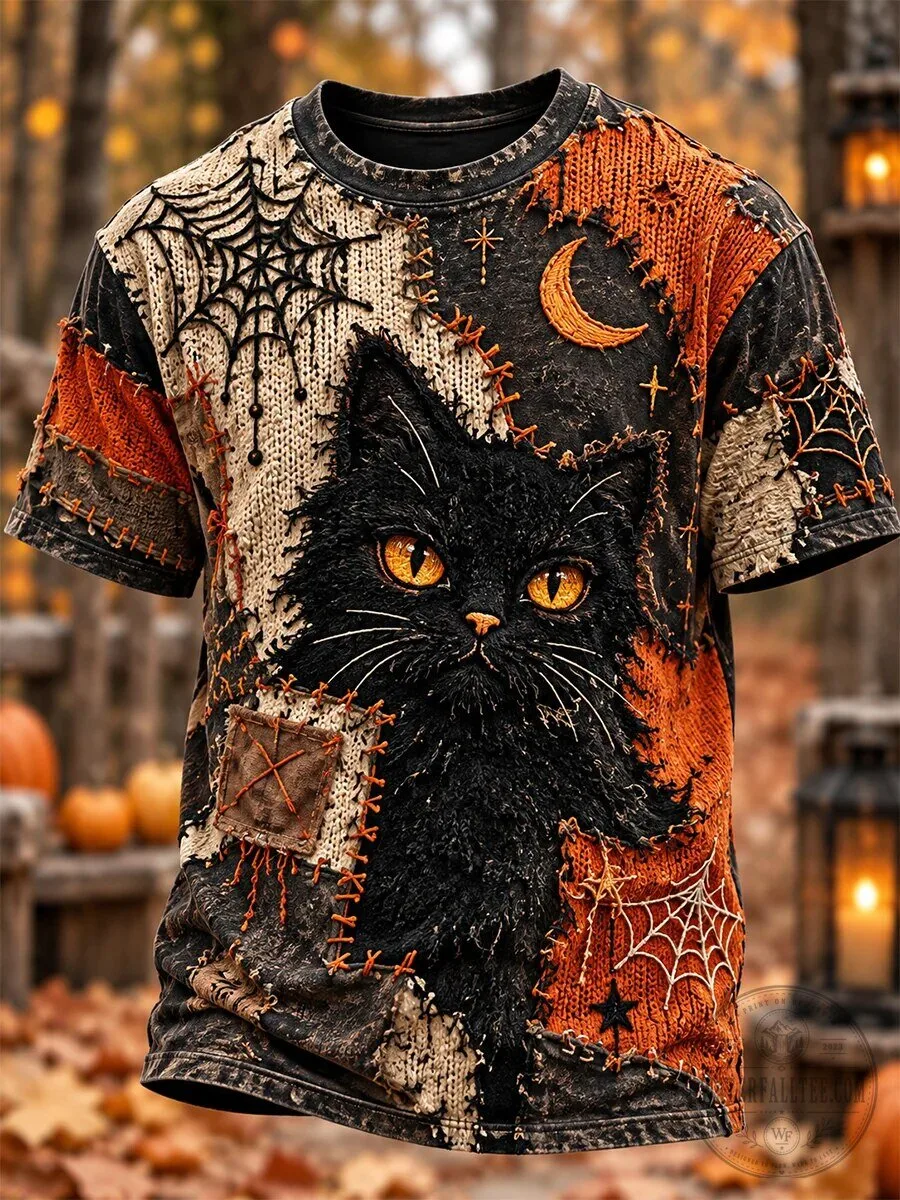 Halloween Black Cat Moon Spiderweb Patchwork Distressed T-Shirt