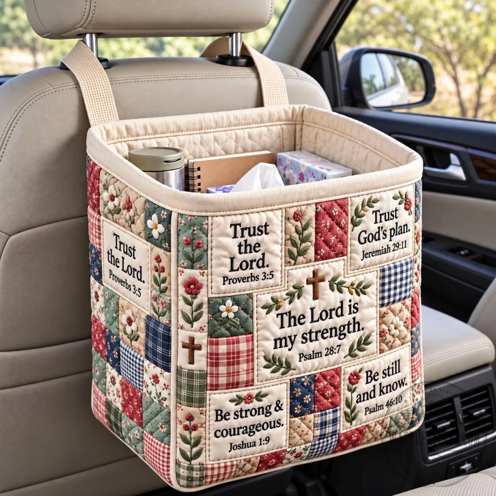 Christian Faith Quilted Car Organizer Basket with Bible Verses Christian Faith Quilted Car Organizer Basket with Bible Verses