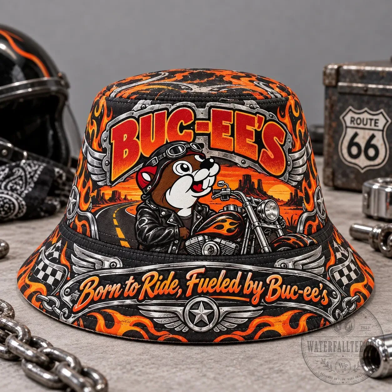 Buc-ee's Born To Ride Fueled By Buc-ee's Motorcycle Flames Bucket Hat