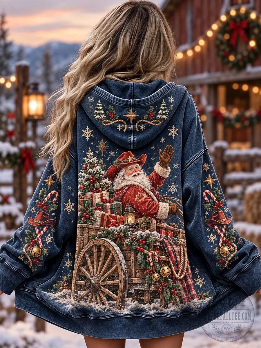 Western Santa Claus Christmas Holiday Denim Hoodie 5 Western Santa Claus Christmas Holiday Denim Hoodie