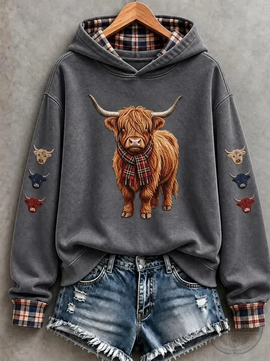 Highland Cattle Cow Plaid Scarf Embroidered Sleeve Hoodie 11 Highland Cattle Cow Plaid Scarf Embroidered Sleeve Hoodie