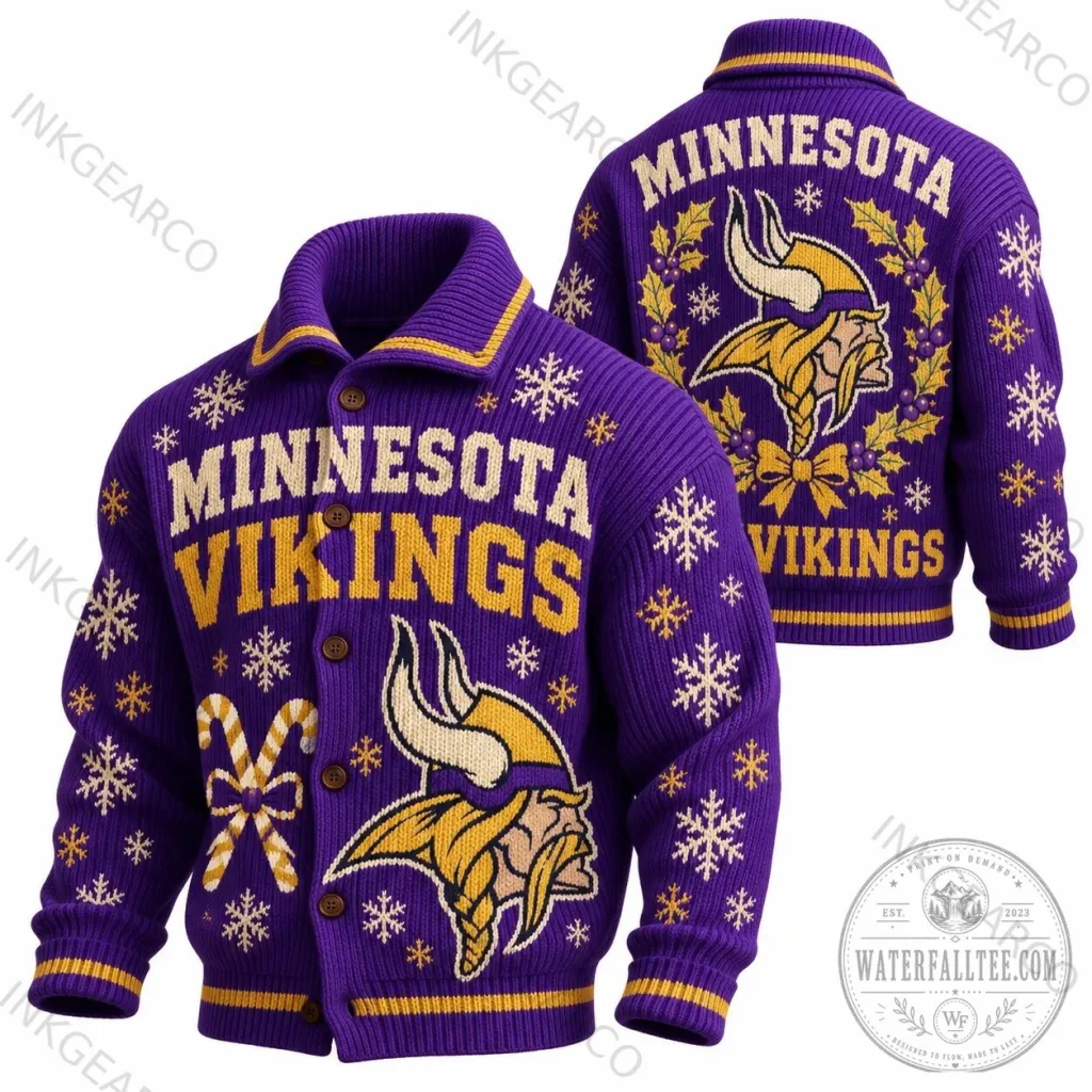 Knit Cardigan with Buttons for Minnesota Vikings Ugly Christmas Sweater Style Knit Cardigan with Buttons for Minnesota Vikings Ugly Christmas Sweater Style