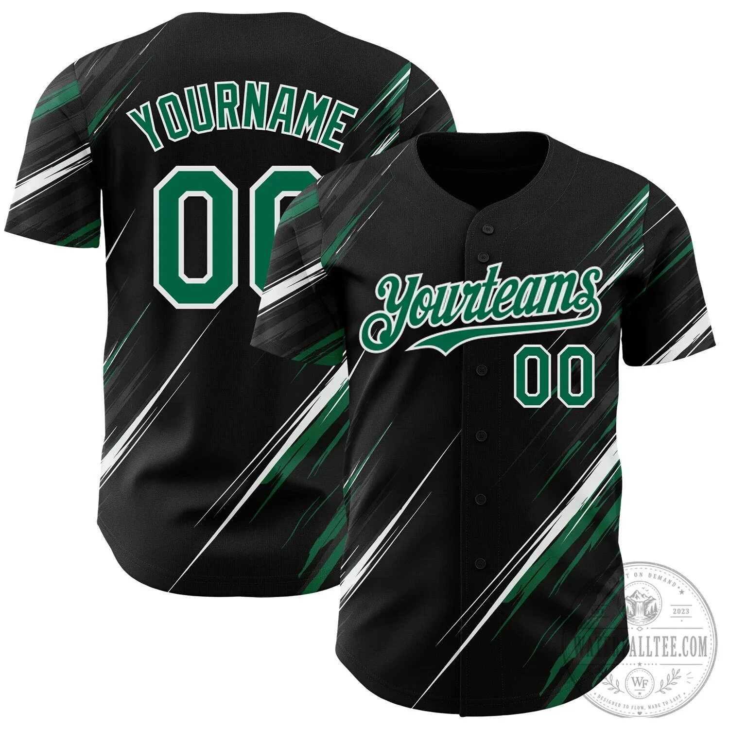 Custom Black Kelly Green White Diagonal Scratch Brush Stroke Baseball Jersey