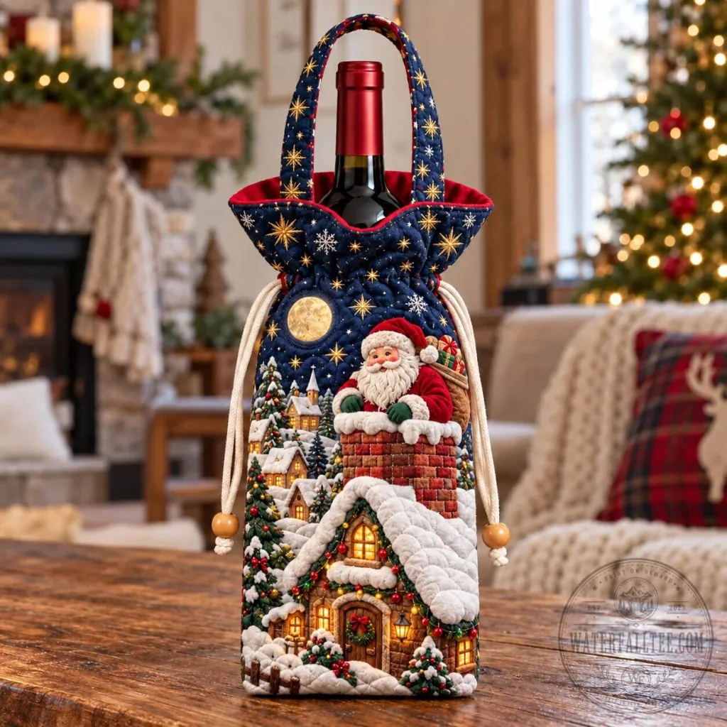 Christmas Santa Claus Snowy Chimney Quilted Wine Bottle Carrier Bag Christmas Santa Claus Snowy Chimney Quilted Wine Bottle Carrier Bag
