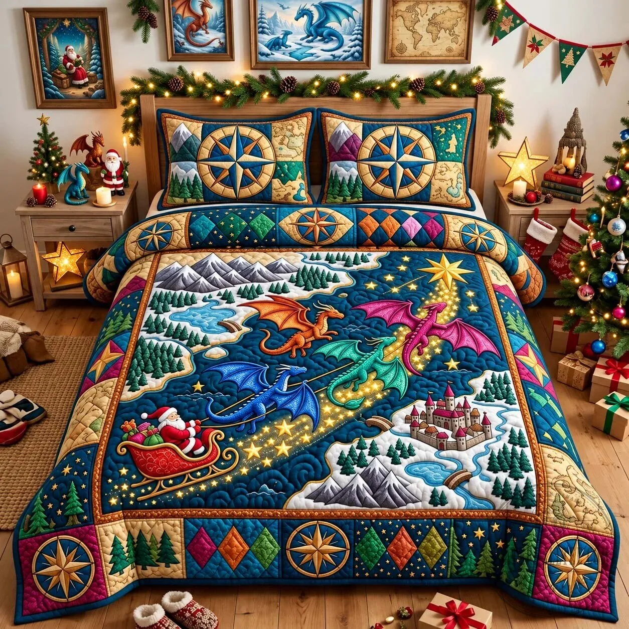 Christmas Dragon Quest Fantasy World Quilted Bedding Set with Santa Sleigh 5 Christmas Dragon Quest Fantasy World Quilted Bedding Set with Santa Sleigh