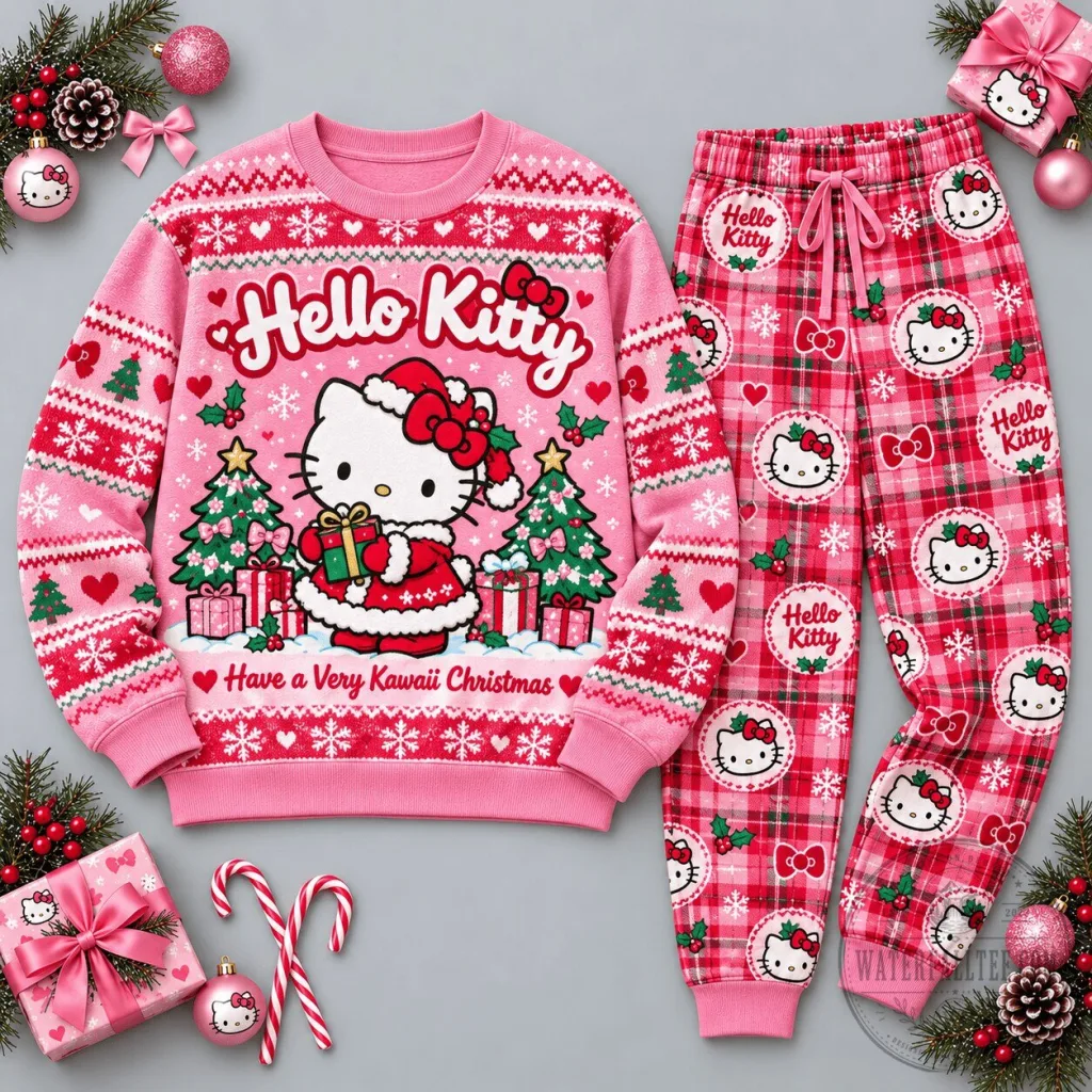 Hello Kitty Holly Jolly Christmas Pink Character Pajamas Set Hello Kitty Holly Jolly Christmas Pink Character Pajamas Set