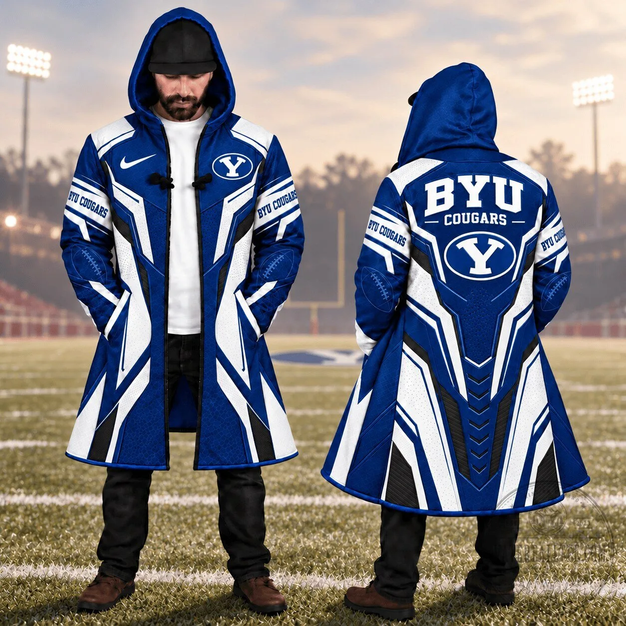 BYU Cougars Football Team Royal Blue and White Hooded Cloak Jacket