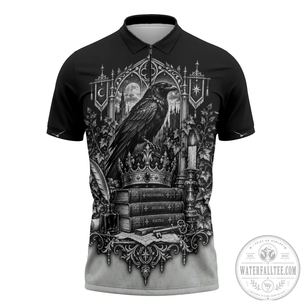 Vintage Bookish Aesthetic Polo Shirt featuring Dark Academia Raven and Gothic Literature themes Vintage Bookish Aesthetic Polo Shirt featuring Dark Academia Raven and Gothic Literature themes