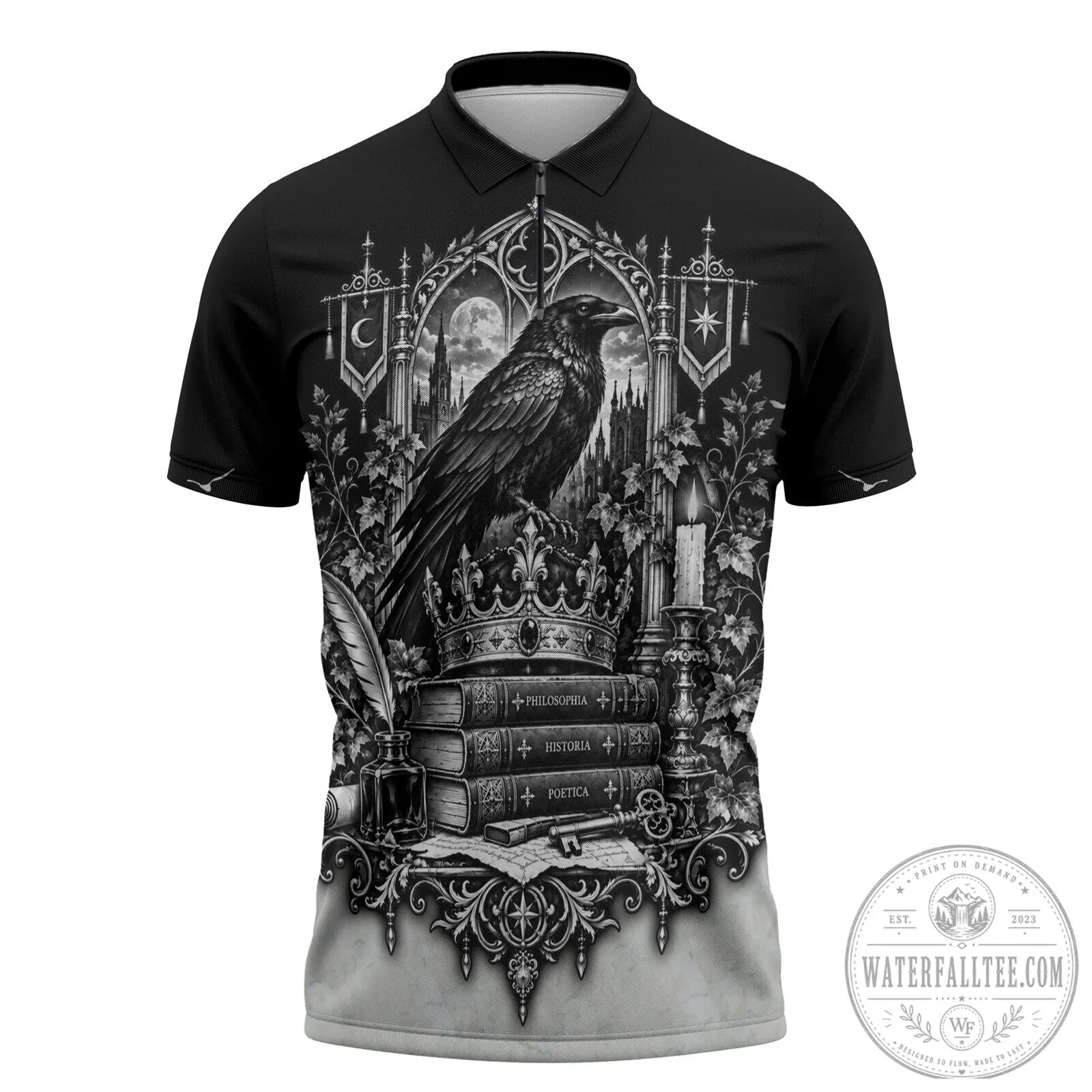 Vintage Bookish Aesthetic Polo Shirt featuring Dark Academia Raven and Gothic Literature themes