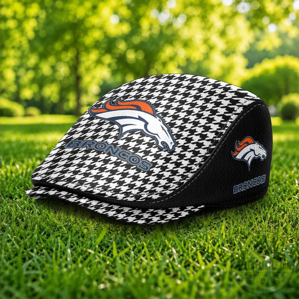 Denver Broncos Houndstooth Pattern NFL Football Team Flat Cap Hat Denver Broncos Houndstooth Pattern NFL Football Team Flat Cap Hat