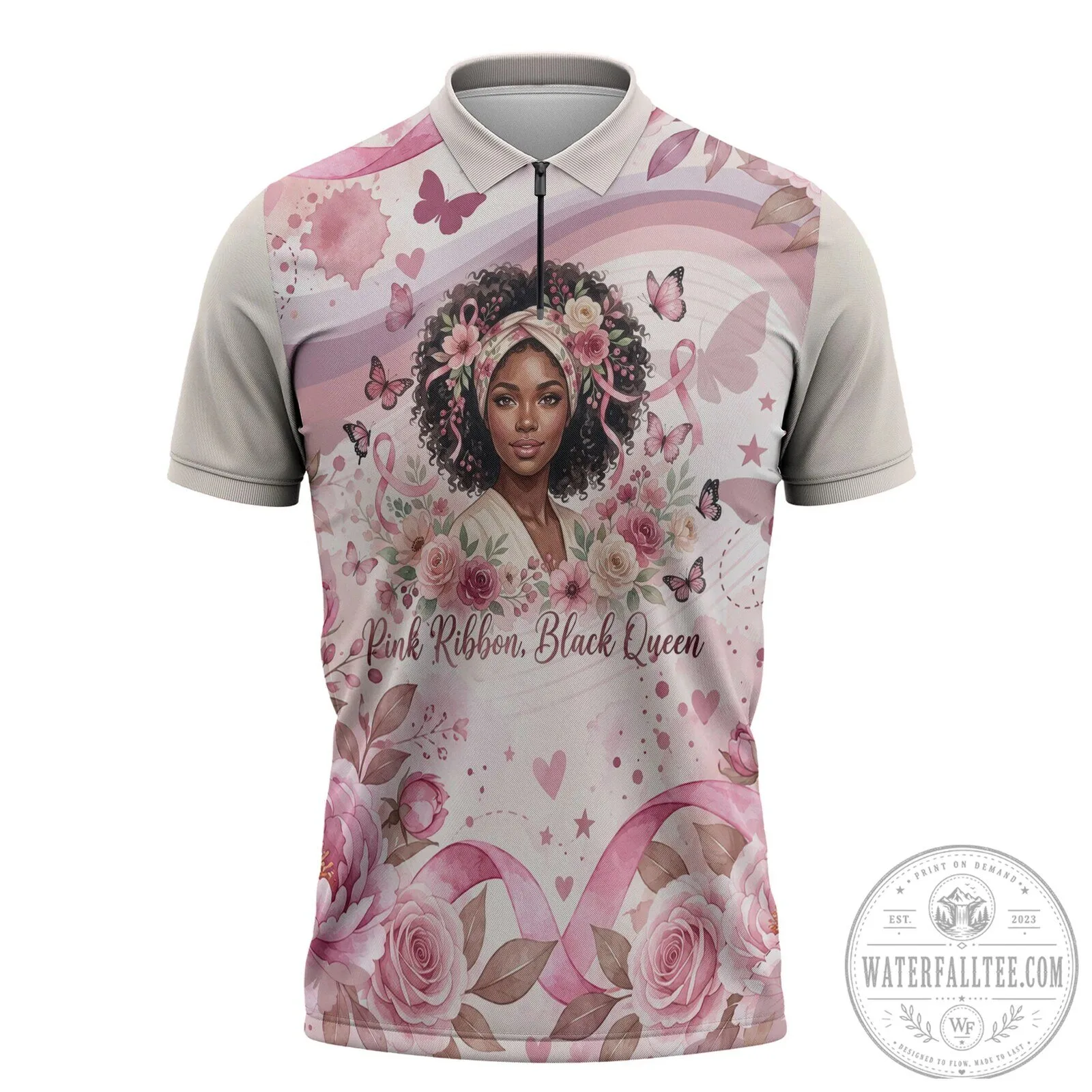 African American Breast Cancer Awareness Pink Ribbon Black Queen Polo Shirt