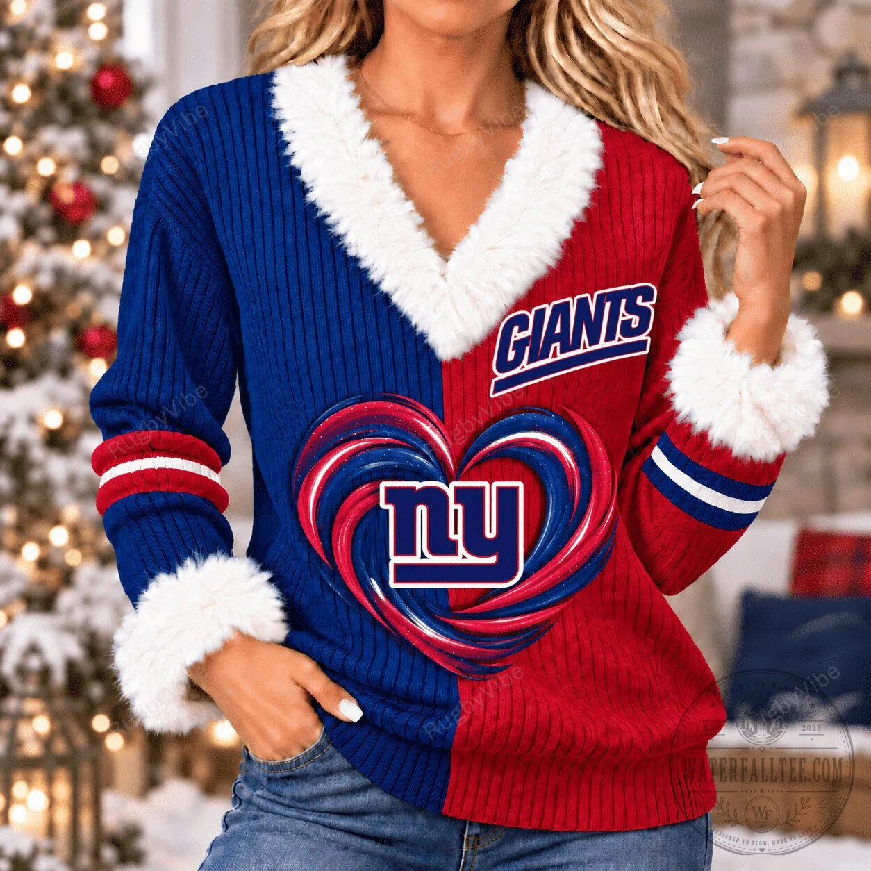 New York Giants Christmas Holiday Split Design Faux Fur Collar Sweater 2 New York Giants Christmas Holiday Split Design Faux Fur Collar Sweater