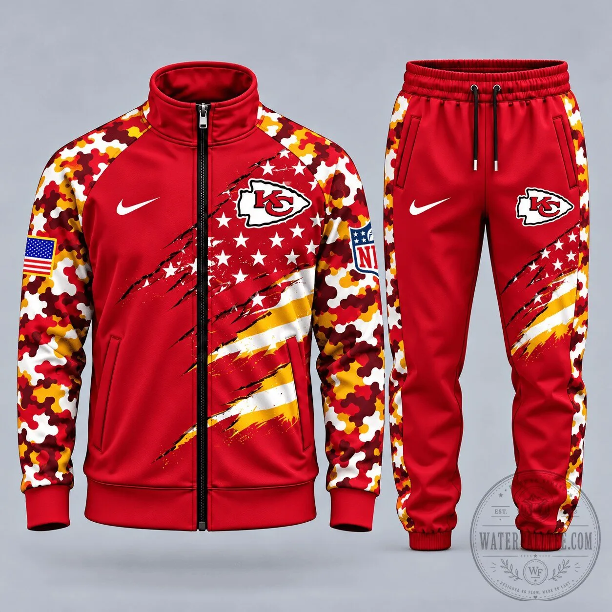 Kansas City Chiefs Patriotic Camouflage Full-Zip Tracksuit Jacket and Joggers Set 1 Kansas City Chiefs Patriotic Camouflage Full-Zip Tracksuit Jacket and Joggers Set