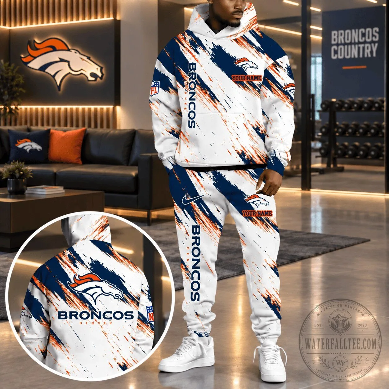 Denver Broncos Personalized NFL Team White and Blue Splatter Hoodie 1 Denver Broncos Personalized NFL Team White and Blue Splatter Hoodie