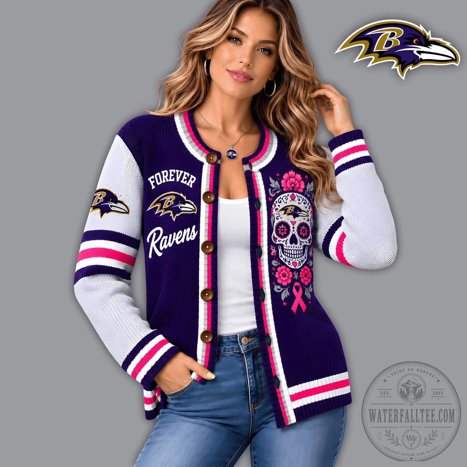 Baltimore Ravens Floral Skull Breast Cancer Awareness Knit Cardigan Sweater 3 Baltimore Ravens Floral Skull Breast Cancer Awareness Knit Cardigan Sweater