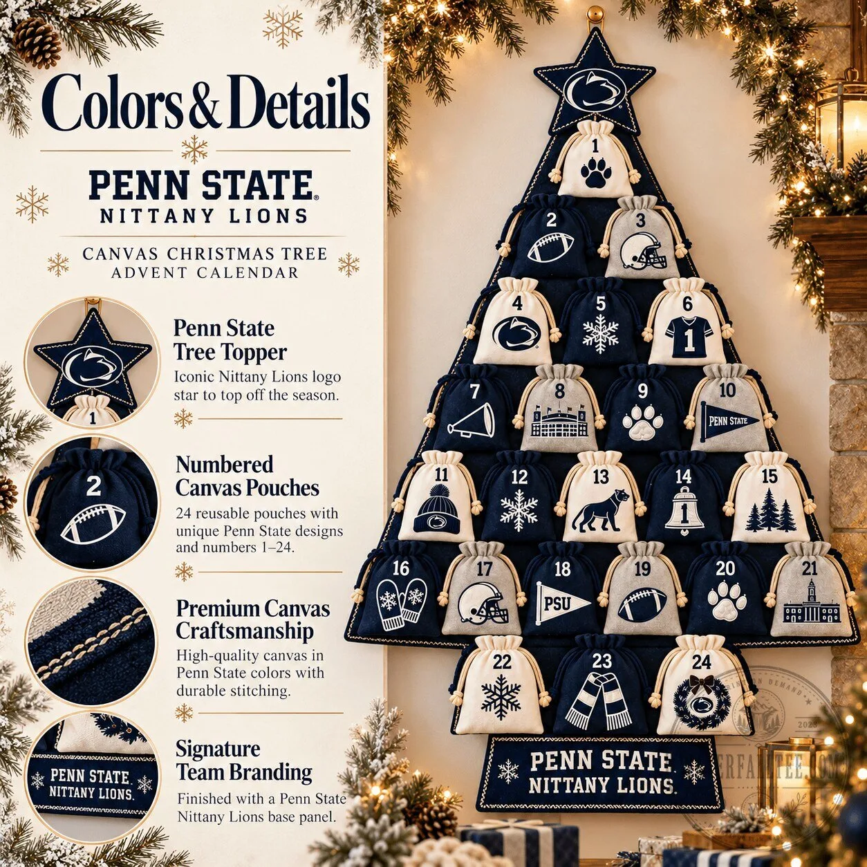 Penn State Nittany Lions Christmas Tree Advent Calendar with 24 Numbered Pouches