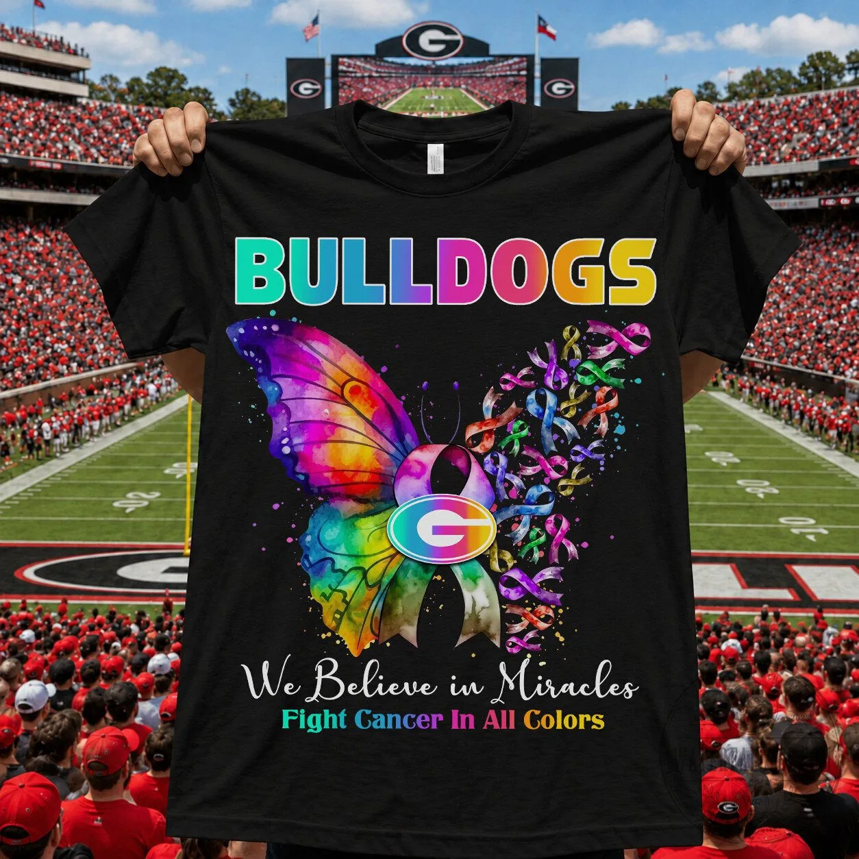 Georgia Bulldogs Believe In Miracles Fight Cancer In All Colors Butterfly T-Shirt 1 Georgia Bulldogs Believe In Miracles Fight Cancer In All Colors Butterfly T-Shirt