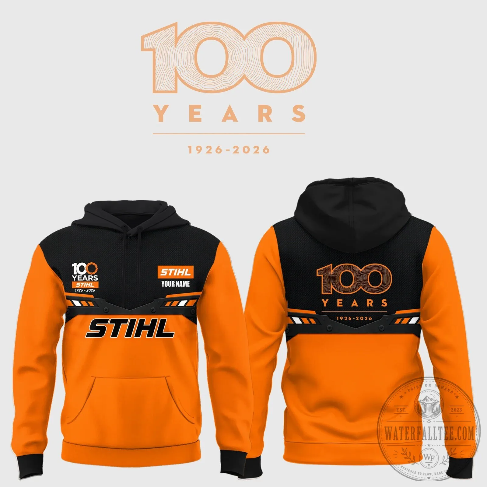 Stihl 100 Years Anniversary 1926-2026 Orange Black Pullover Hoodie 5 Stihl 100 Years Anniversary 1926-2026 Orange Black Pullover Hoodie