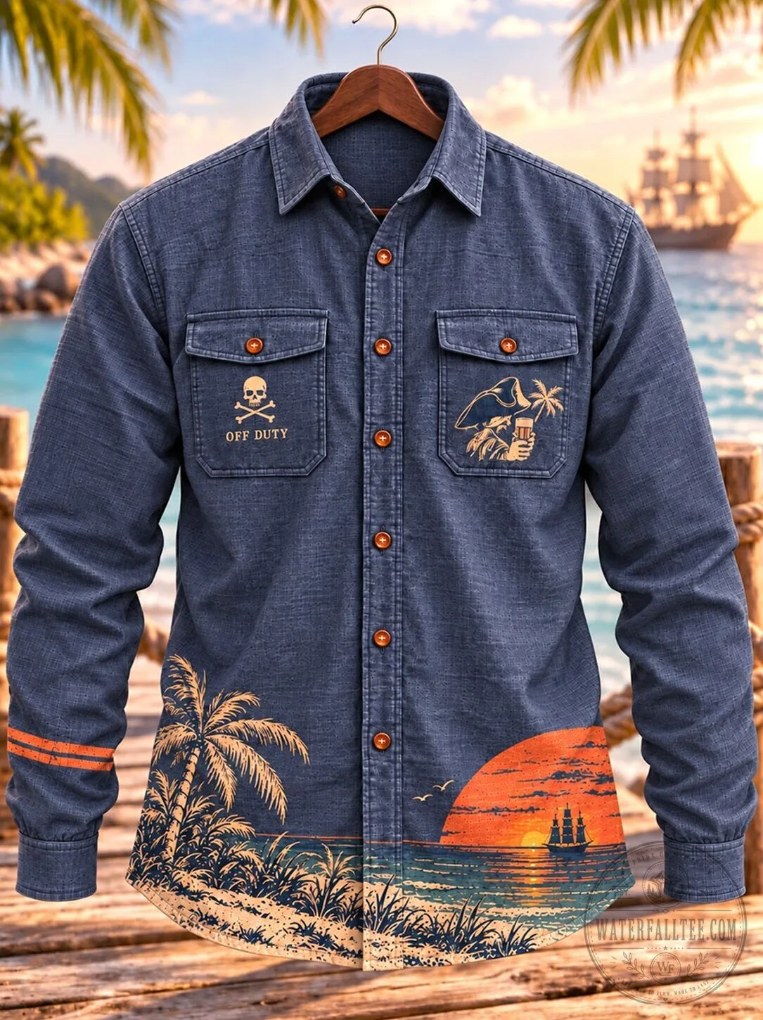 Off Duty Pirate Skull and Crossbones Tropical Beach Sunset Long-Sleeve Shirt 3 Off Duty Pirate Skull and Crossbones Tropical Beach Sunset Long-Sleeve Shirt